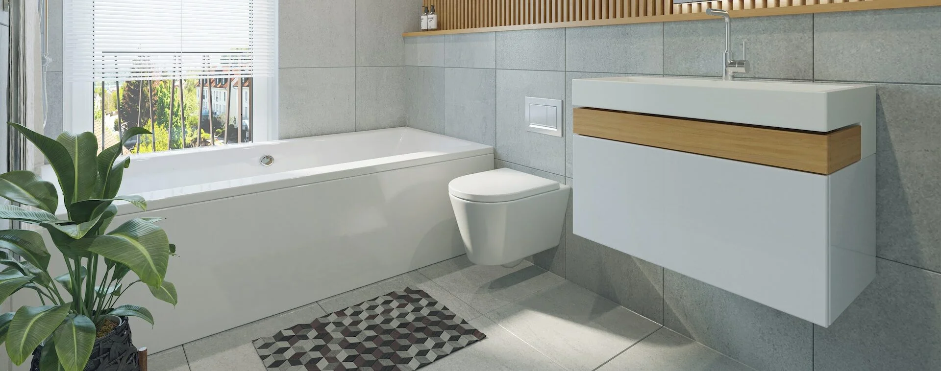 Clean white modern bathroom renovation with floating sink and seamless bath.